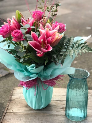 Rose and Lily Mothers Day Handtied in glass vase